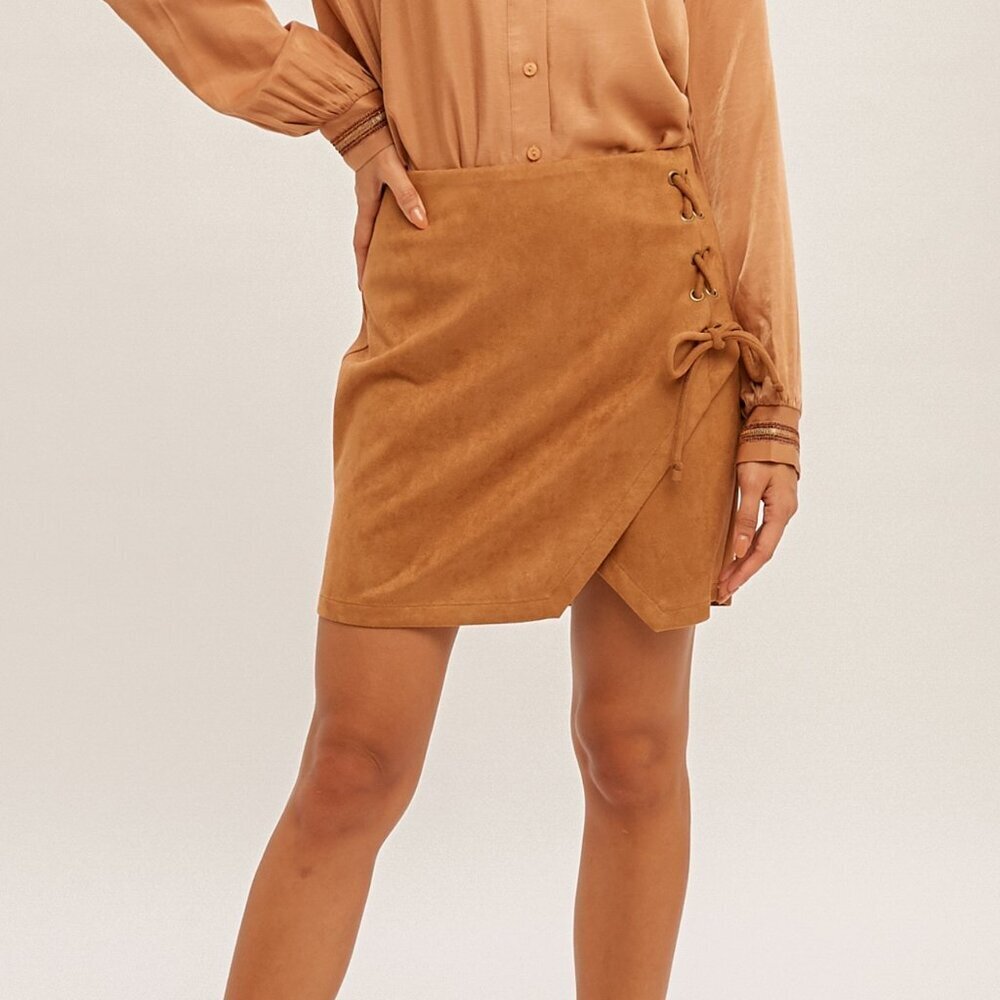 HEM & THREAD Camel Faux Suede Wrap Mini Skirt with Side Tie Lace-Up Detail